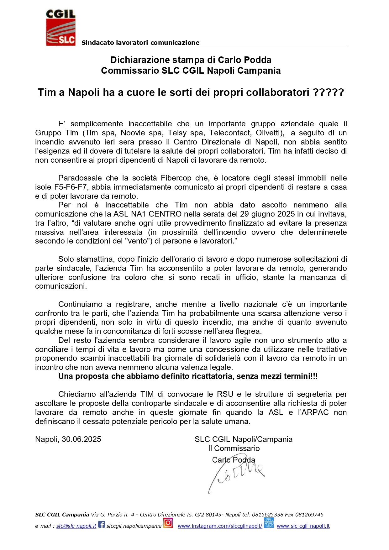 Tim 20250630 dichiarazione stampa Podda