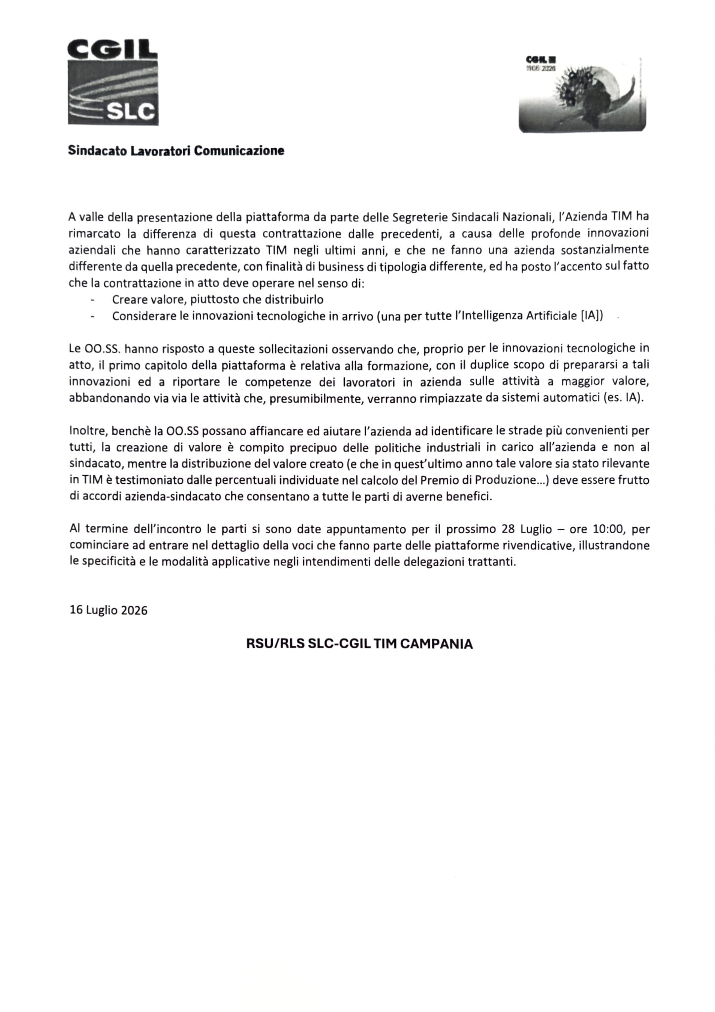 COORDINAMENTO TIM Contrattazione II° Livello Incontro 16 luglio 2026