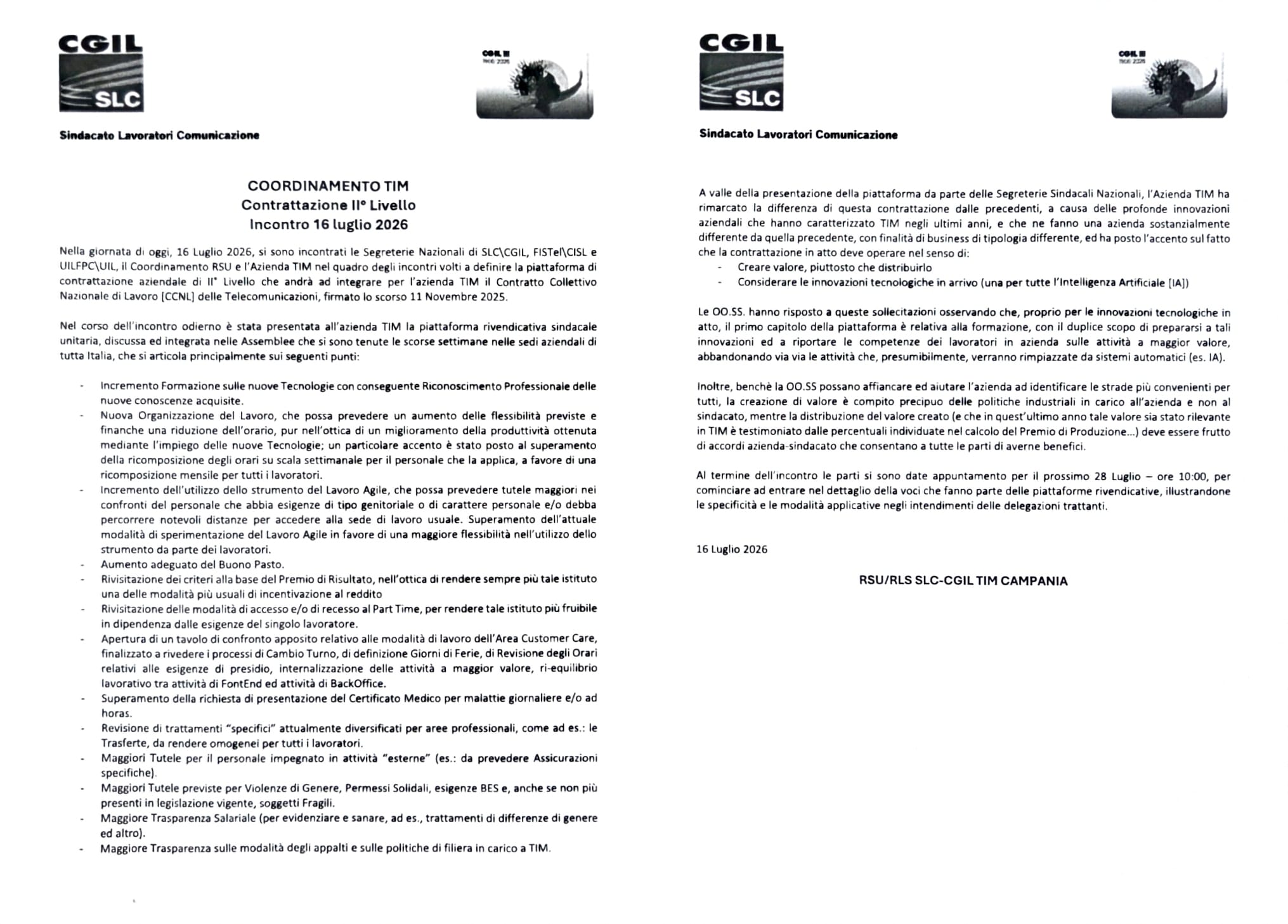 COORDINAMENTO TIM Contrattazione II° Livello Incontro 16 luglio 2026