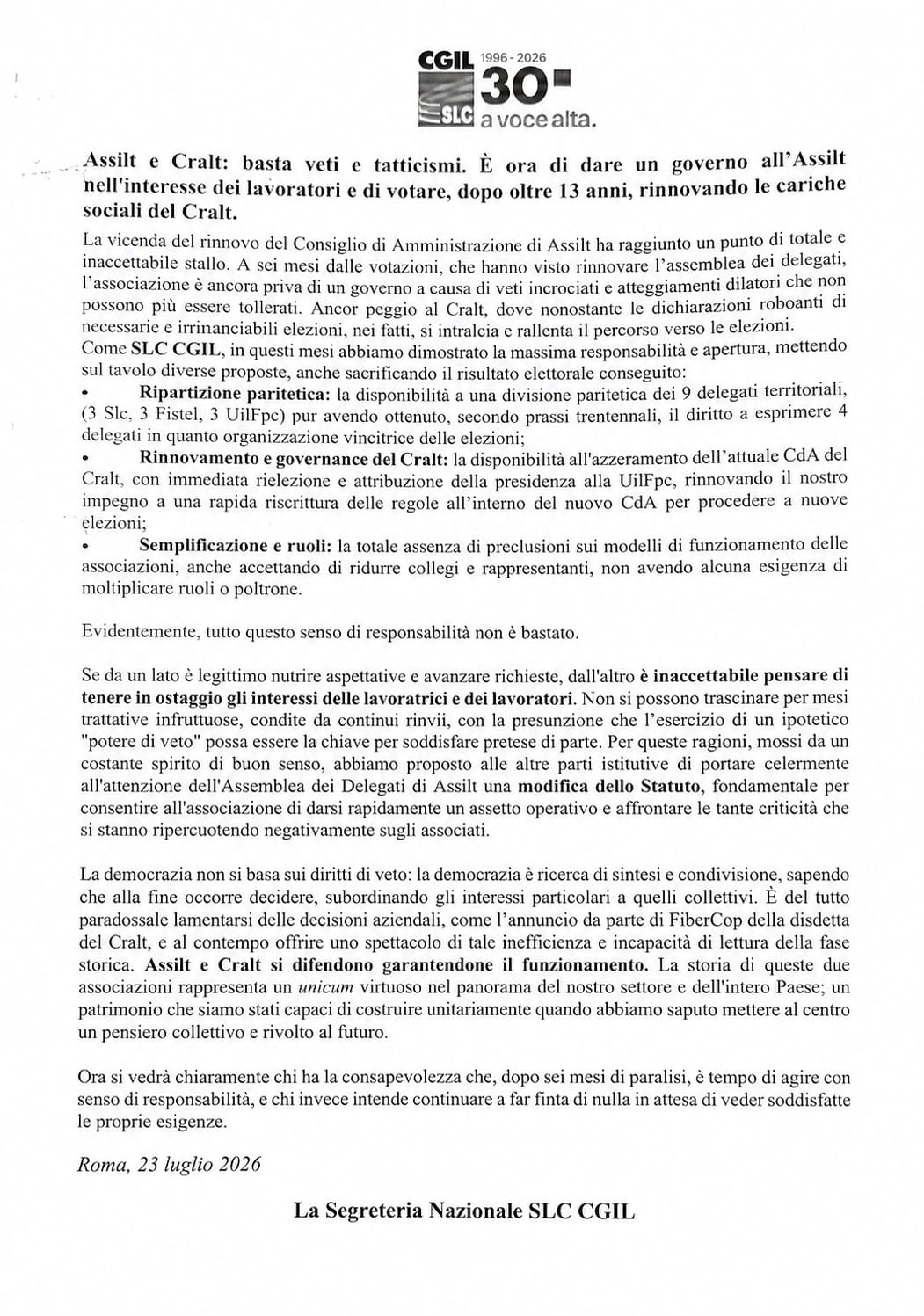 Assilt e Cralt: basta veti e tatticismi. È ora di dare un governo all’Assilt nell'interesse dei lavoratori e di votare, dopo oltre 13 anni, rinnovando le cariche sociali del Cralt.