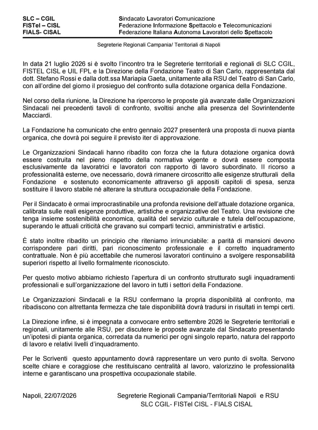 FONDAZIONE TEATRO DI SAN CARLO_INCONTRO 21 LUGLIO 2026