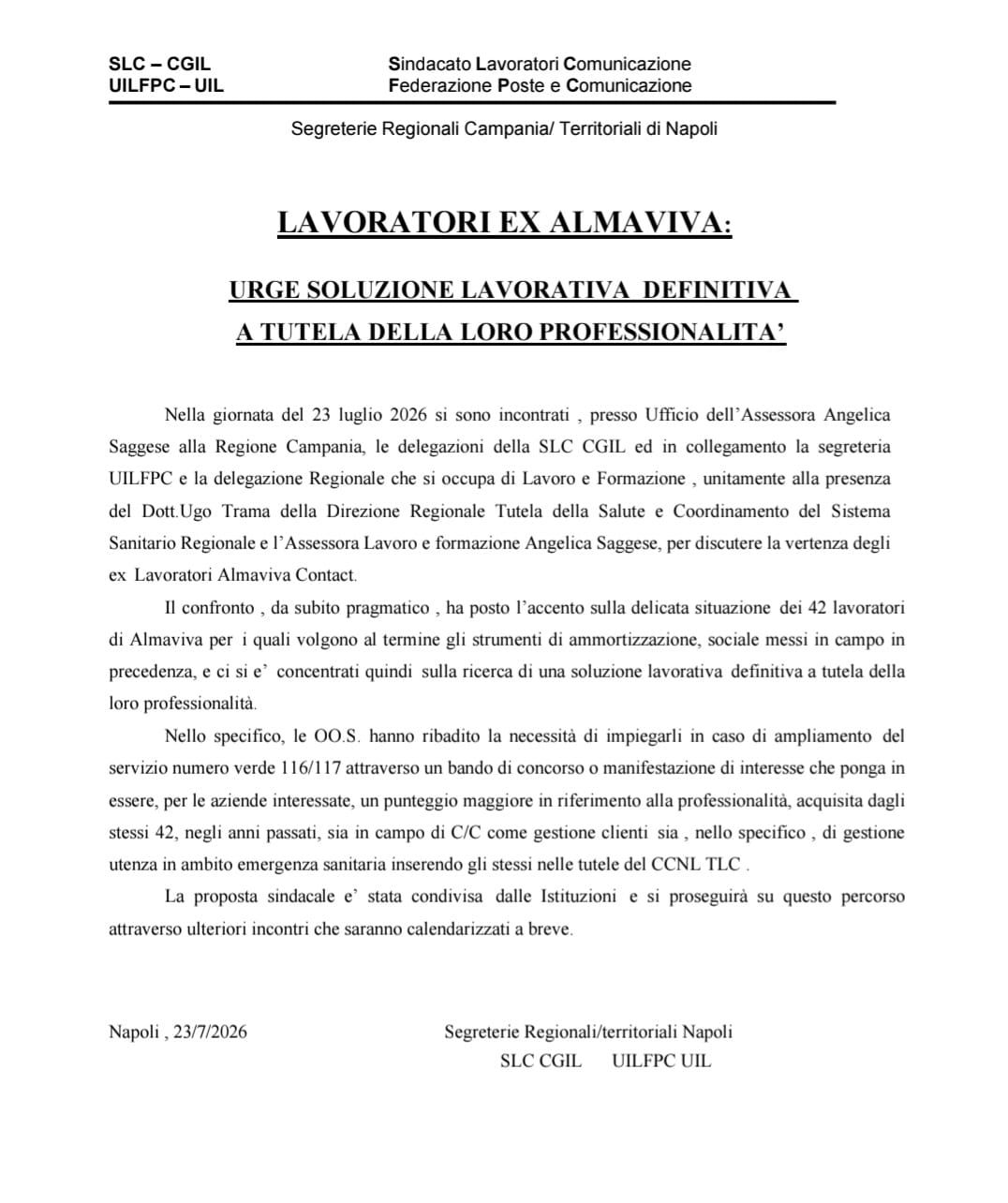 LAVORATORI EX ALMAVIVA: INCONTRO ALLA REGIONE CAMPANIA CON L'ASSESSORA SAGGESE