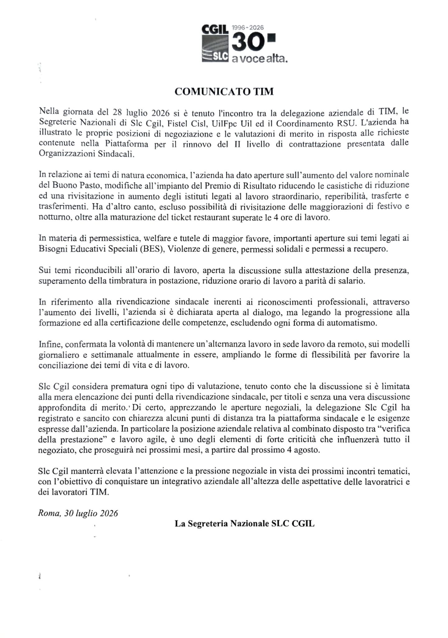 COMUNICATO TIM - INCONTRO 28 LUGLIO 2026
