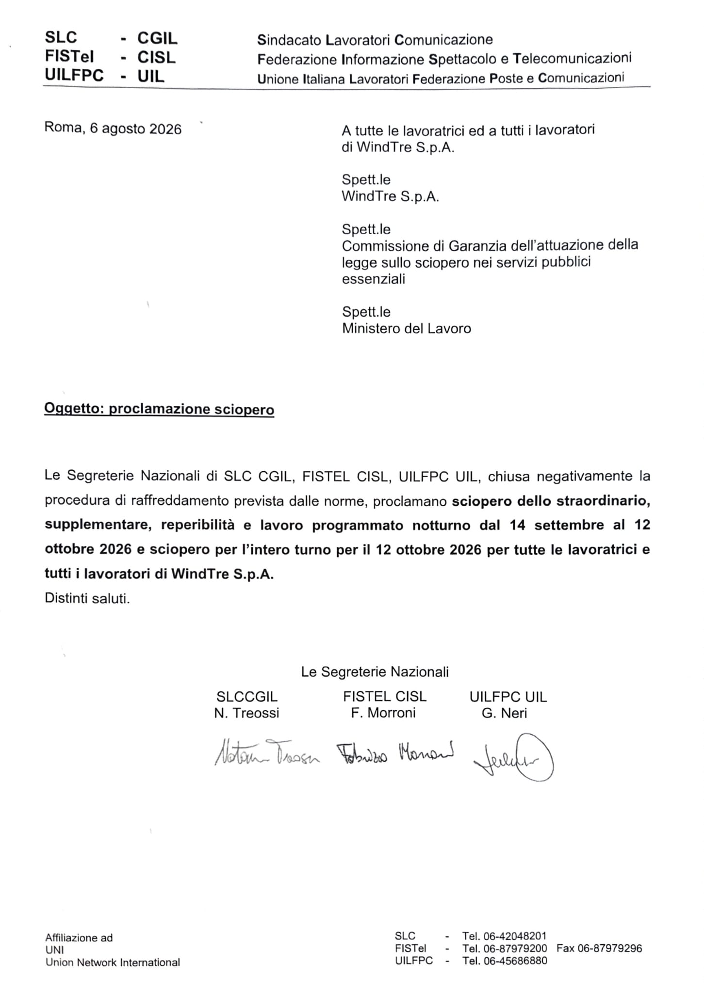 PROCLAMAZIONE SCIOPERO WINDTRE