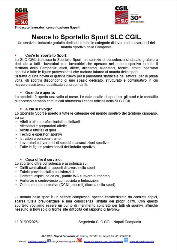 Nasce lo Sportello Sport SLC CGIL: un servizio sindacale gratuito dedicato a tutte le categorie di lavoratori e lavoratrici del mondo sportivo della Campania
