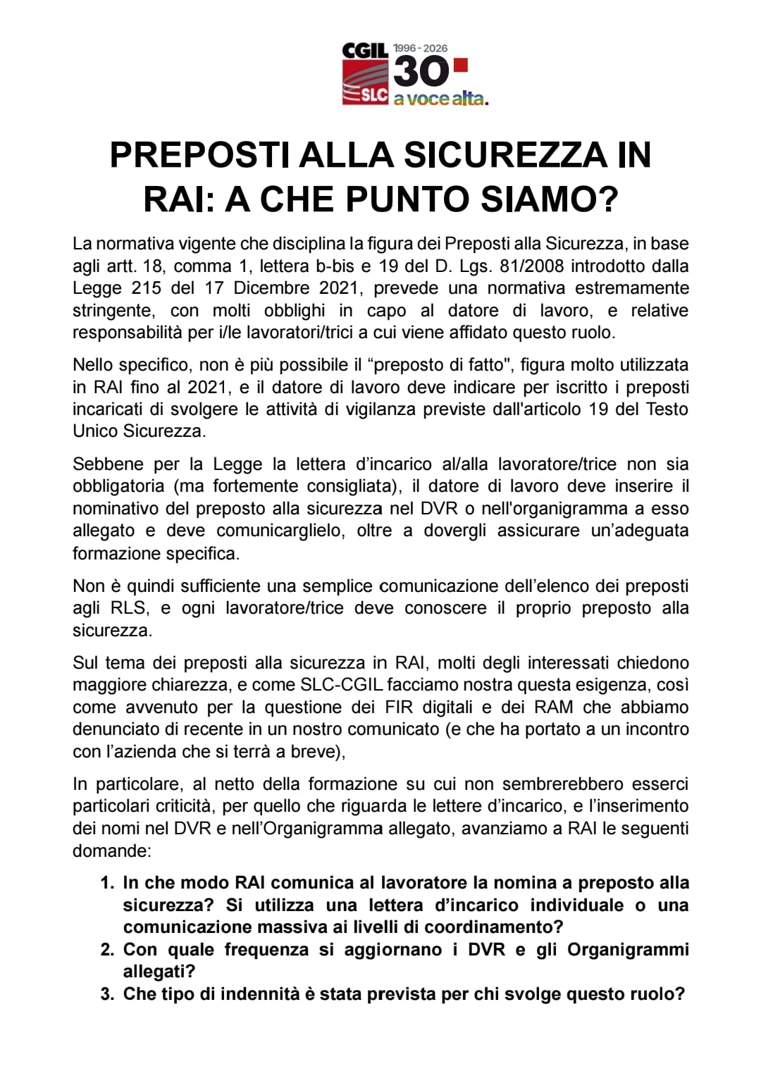 PREPOSTI ALLA SICUREZZA IN RAI: A CHE PUNTO SIAMO?