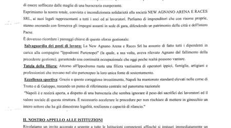 IPPODROMO DI AGNANO: SOLIDARIETÀ ALLA SOCIETÀ NEW AGNANO ARENA E RACES SRL ED AI SUOI LAVORATORI - APPELLO CORALE ALLE ISTITUZIONI.